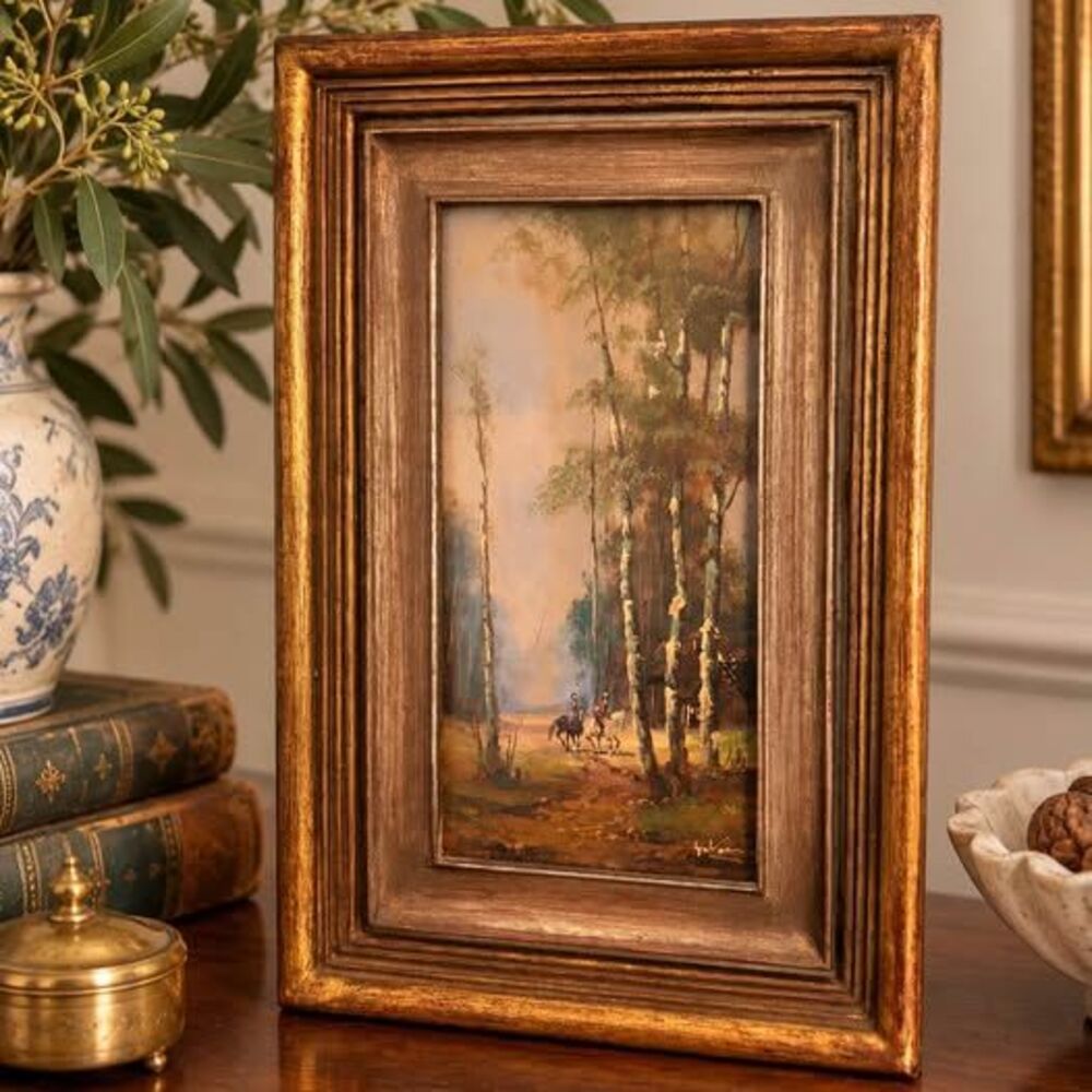 Vintage Framed Oil Painting of Horseback Riders in Forest-equestrian